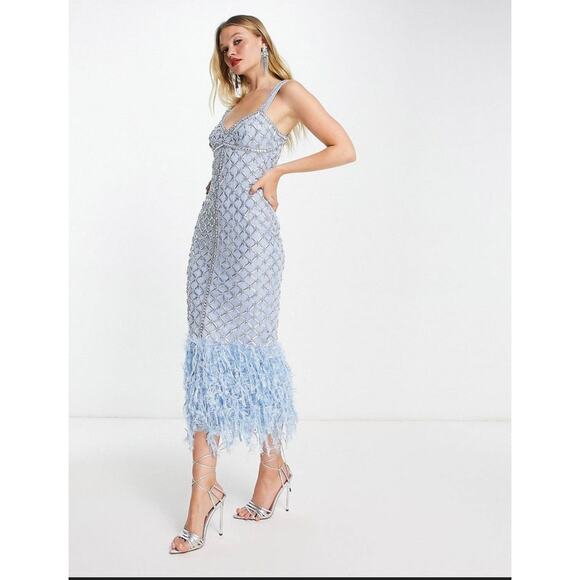 ASOS Dresses & Skirts - NWT ASOS DESIGN Light Blue Beaded Feather Hem Dress Size 14 Glam Formal Gown